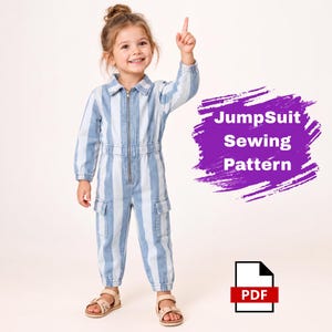 May include: A light blue and white vertical striped denim jumpsuit with a front zipper, long sleeves, and cargo-style pockets on the legs. The text JumpSuit Sewing Pattern is displayed on a purple brushstroke graphic with a PDF icon below.