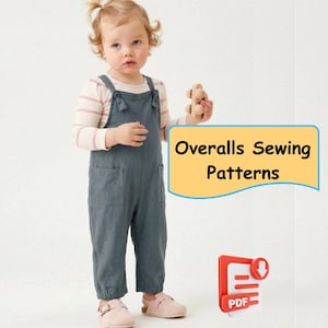 Könnte beinhalten: Ein Kind in einer blau-grauen Latzhose mit Taschen und einem gestreiften Langarmshirt. Die Latzhose hat Bindeträger. Das Bild enthält den Text "Overalls Sewing Patterns" und ein PDF-Symbol.