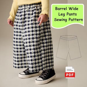 Puede incluir: Una persona lleva pantalones de pernera ancha a cuadros blancos y negros con una parte superior amarilla y zapatillas negras. La imagen incluye un letrero verde que dice "Patrón de costura de pantalones de pernera ancha" y un icono PDF.