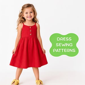 Può includere: Un abito rosso brillante senza maniche con spalline sottili e tre bottoni marroni al centro del corpetto. L'abito presenta una vita arricciata e una gonna svasata. Una forma grafica verde mostra il testo DRESS SEWING PATTERNS.