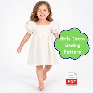 Girls Square Neck Puff Sleeve Dress Pattern, Beginner Sewing (PDF Download)
