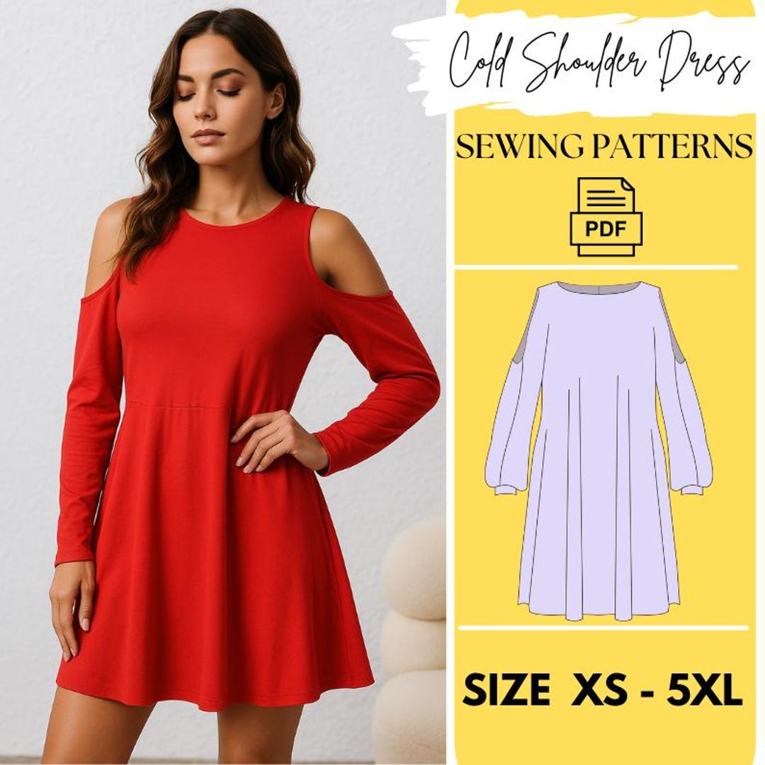 Cold Shoulder Sewing Pattern PDF, Long Sleeve Dress Pattern Size XS ...
