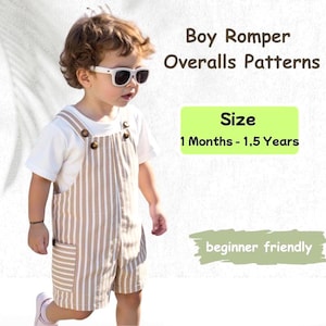 Könnte beinhalten: Ein Kleinkind in einem gestreiften beigefarbenen und weißen Overall mit einem weißen T-Shirt. Der Overall hat Holzknöpfe und eine Vordertasche. Der Text auf dem Bild lautet "Boy Romper Overalls Patterns" und "Size 1 Months - 1.5 Years".