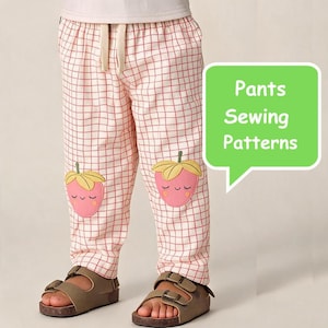 Puede incluir: Pantalones a cuadros rosas y blancos con parches de fresas en las rodillas. Los pantalones tienen cintura con cordón y se combinan con sandalias marrones. El texto en la imagen dice "Pants Sewing Patterns."