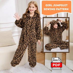 May include: A girl in a brown and black leopard print jumpsuit with a hood and zip. The jumpsuit has a soft, plush texture. The image also includes a smaller inset image of the jumpsuit and text that reads "GIRL JUMPSUIT SEWING PATTERN".