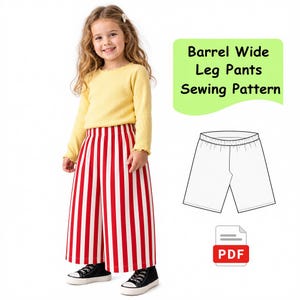 May include: A sewing pattern for barrel wide leg trousers, featuring a digital PDF icon and a line drawing of the trousers. The image shows a child wearing a yellow long-sleeve shirt and red and white vertically striped wide-leg trousers with black trainers.