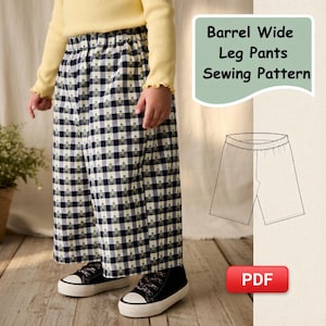 May include: Barrel Wide Leg Pants Sewing Pattern PDF featuring a black and white gingham check fabric with small yellow floral accents. The pants have a wide leg silhouette and an elasticized waistband. A line drawing of the pants is included.