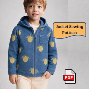 May include: A blue denim hooded jacket featuring a repeating yellow lemon print, a front zip closure, and a single chest pocket. The image includes a text box labelled Jacket Sewing Pattern and a PDF icon, indicating a digital sewing pattern.