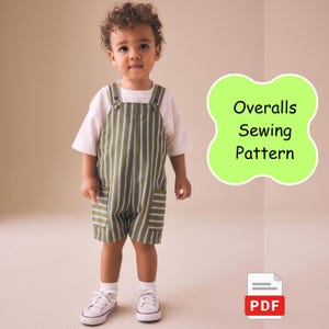 May include: A child in a white t-shirt and green striped overalls with pockets. The overalls have white vertical stripes. The image includes a graphic that says "Overalls Sewing Pattern" and a PDF icon.