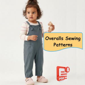 May include: A child wearing dark gray overalls with two front pockets and a long-sleeved white shirt with thin pink horizontal stripes. The image includes a yellow graphic box with the text Overalls Sewing Patterns and a red PDF icon.