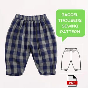 Könnte beinhalten: Blau-graue karierte Ballonhose mit elastischem Bund. Eine grüne Sprechblase zeigt "Ballonhosen-Schnittmuster". Darunter eine Strichzeichnung der Hose und ein PDF-Symbol.