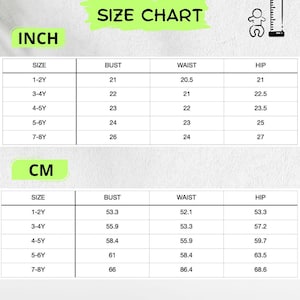 May include: A size chart for children's clothing, displaying measurements in inches and centimeters. The chart includes bust, waist, and hip measurements for sizes ranging from 1-2 years to 7-8 years.