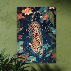 Swimming Leopard Poster Wall Art Jungle Animal Print in Blue Water Surreal Maximalist Home Decor Exotic Wildlife Aesthetic Artwork Gift
