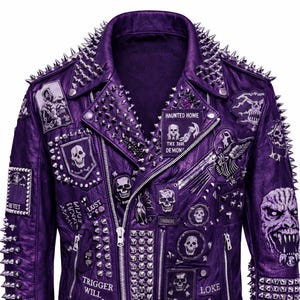 Lila nitad punk läderjacka gotisk dödskalle spikad bikerkappa