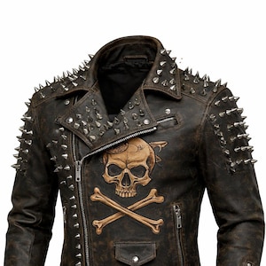 Chaqueta de motociclista de cuero negro con pinchos, estilo gótico punk con calaveras