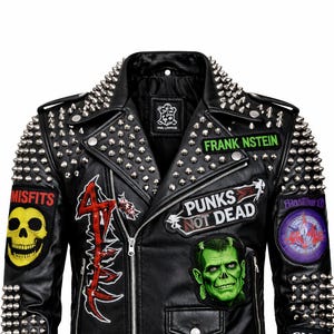 Black Studded Punk Leather Jacket Gothic Spiked Biker Horror Rocker
