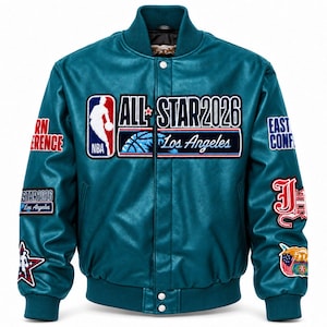 May include: A teal varsity jacket featuring embroidered patches including the NBA logo, All-Star 2026 Los Angeles text, and various conference graphics. The jacket has a snap-button front closure, ribbed cuffs, and a ribbed hem in matching teal.