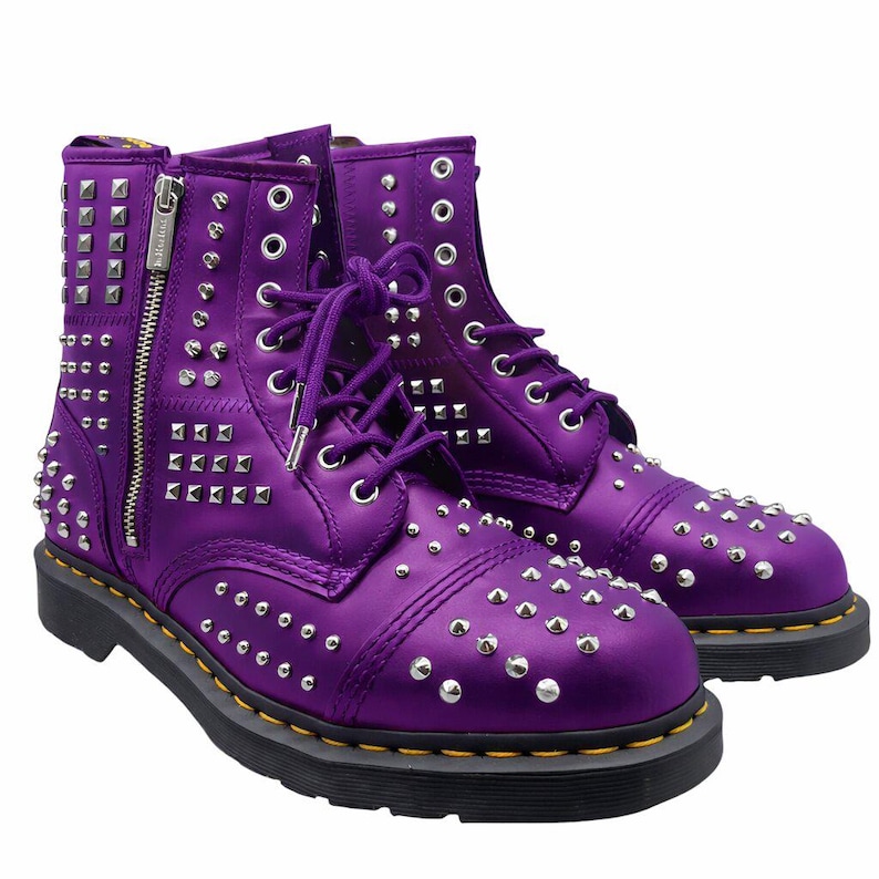 Men's purple footwear - Purple Studded Combat Boots Gothic Punk Leather Spike Ankle Shoes