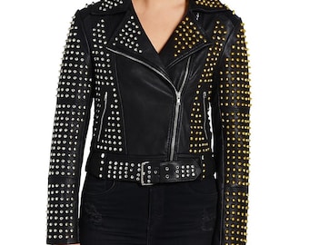 Chaqueta de cuero con tachuelas para mujer / Chaqueta de motociclista punk rock con púas plateadas y doradas
