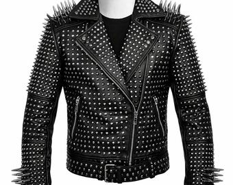 Black Studded Leather Jackets Punk Spiked Biker Jacket Gothic Rock Unisex Handmade Statement Outerwear