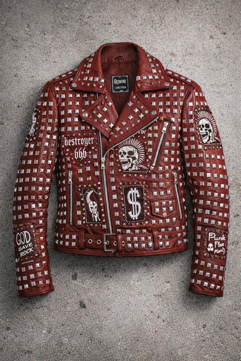 Full-length display of red studded biker jacket laid flat, showcasing hardware, zipper design, patches, and bold punk aesthetic.