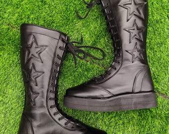 Handmade Black Leather Star Wrestling Boots: Unisex Platform Combat Shoes