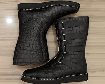 Genuine Leather Pro Wrestling Boots Black Crocodile Pattern Grappling Footwear