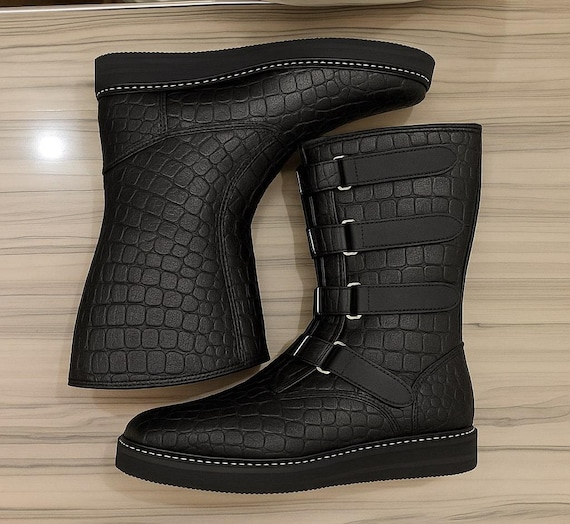 Genuine Leather Pro Wrestling Boots Black Crocodile Pattern Grappling Footwear