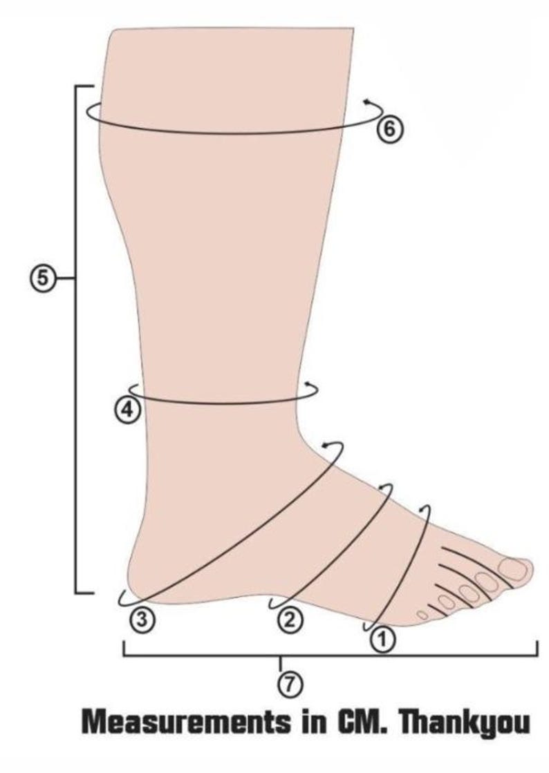 May include: Diagram of a foot and leg with measurement lines labeled 1 through 7. The text at the bottom reads "Measurements in CM. Thankyou."