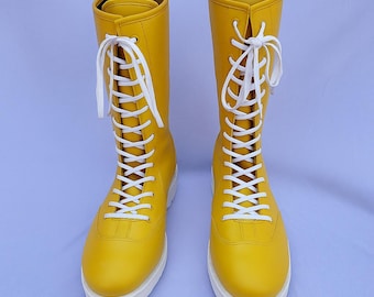Handmade Leather Pro Wrestling Boots: Yellow High-Top Unisex Shoes