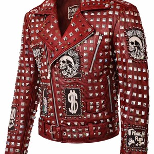 Back view of red leather punk jacket fully covered in silver metal studs arranged in a grid pattern, showing bold rocker style and detailed craftsmanship.