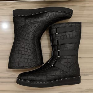 May include: Black knee-high boots with a textured, crocodile-like pattern. The boots feature multiple straps with buckles and a thick, flat sole. The stitching is white, and the boots are made of a durable material.