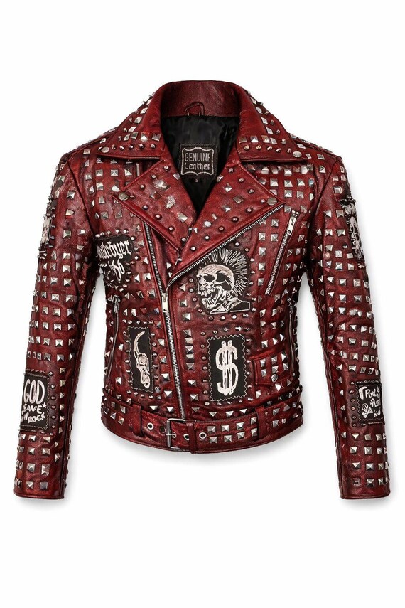 Red Studded Leather Jacket: Punk Skull Biker Rocker Mens Jacket