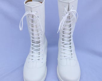 Custom White Wrestling Boots: Handmade Tall Lace-Up Leather Boots for Men and Women