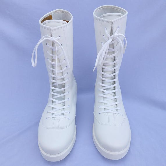 Custom White Wrestling Boots: Handmade Tall Lace-Up Leather Boots for Men and Women