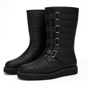 May include: A pair of black, mid-calf boots with a textured, crocodile-like pattern. The boots have multiple straps with silver buckles and a thick, black sole with white stitching. The boots are displayed against a white background.