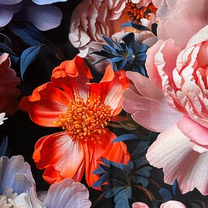 Satin big peonies fabric by yard, big black flowers satin cotton fabric, black blue satin flowers by half yard
