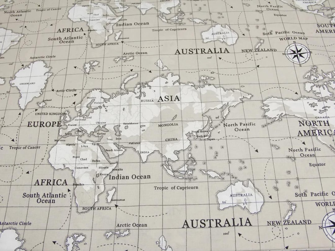 World Map Fabric, Beige Map Cotton, Beige Map Fabric Yard, World Map ...