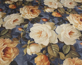Tissu en satin de roses dorées par mètre, tissu en coton de fleurs en satin doré, grandes fleurs en satin d'un demi-mètre