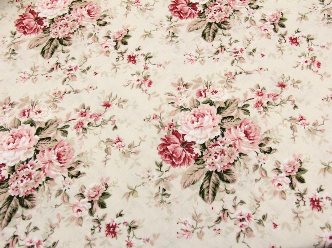 Pink Roses Fabic Pink Flowers Flannel Fabric by Yard, Pink on Beige Flowers Flannel Yard ...
