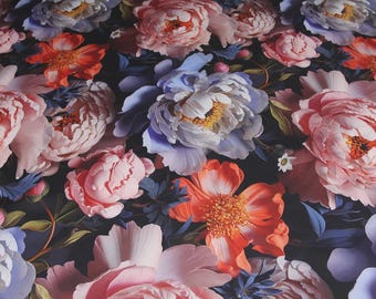 Black Peonies Satin Cotton Fabric, Floral Print By The Yard