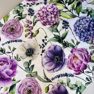 Satin hydrangea peonies fabric by yard, big purple flowers satin cotton fabric, peonies satin flowers by half yard