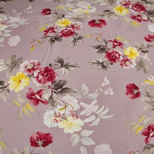 Satin flowers fabric by yard, satin pink flowers berries cotton fabric, pink satin flowers by half yard