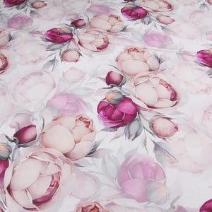 Pink roses satin fabric by yard, pink satin flowers cotton fabric, big satin flowers by half yard