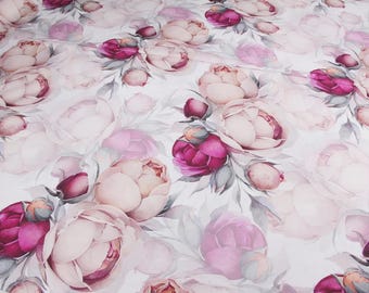 Tissu en satin de pivoines roses par mètre, tissu en coton de fleurs en satin rose, grandes fleurs en satin d'un demi-mètre