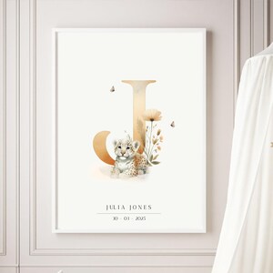 Arte de pared con la letra J para guardería - Póster imprimible del alfabeto - Decoración para habitación infantil - Descarga digital - Acuarela - Niñas