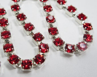 3mm Red Rhinestone Cup Chain - Silver Plated Brass Setting - Light Siam Red Preciosa Czech Crystals - Choose Your Length