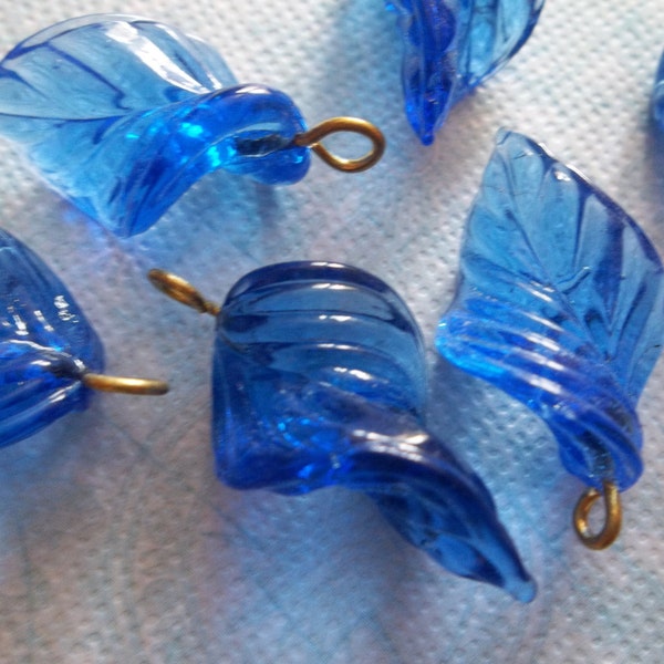 Glass Leaf Charms - Sapphire Blue  Leaves with Brass Loops - Leaf Pendants - 24X14mm - Qty 12