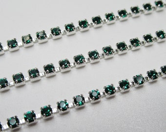 2mm Emerald Green Rhinestone Cup Chain - Silver Plated Brass Setting - Emerald Green Preciosa Czech Crystals - Choose Your Length