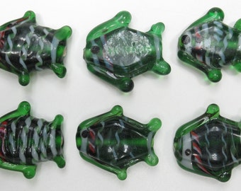 Glass Fish Beads - Emerald Green Red & White Stripes Handmade Lampwork Glass 26mm/1 inch Beach Summer Nautical Ocean Sea - Qty 6